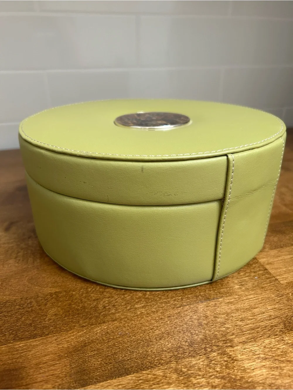 Leather Olive Green Round Jewelry Organizer Case with Mirror